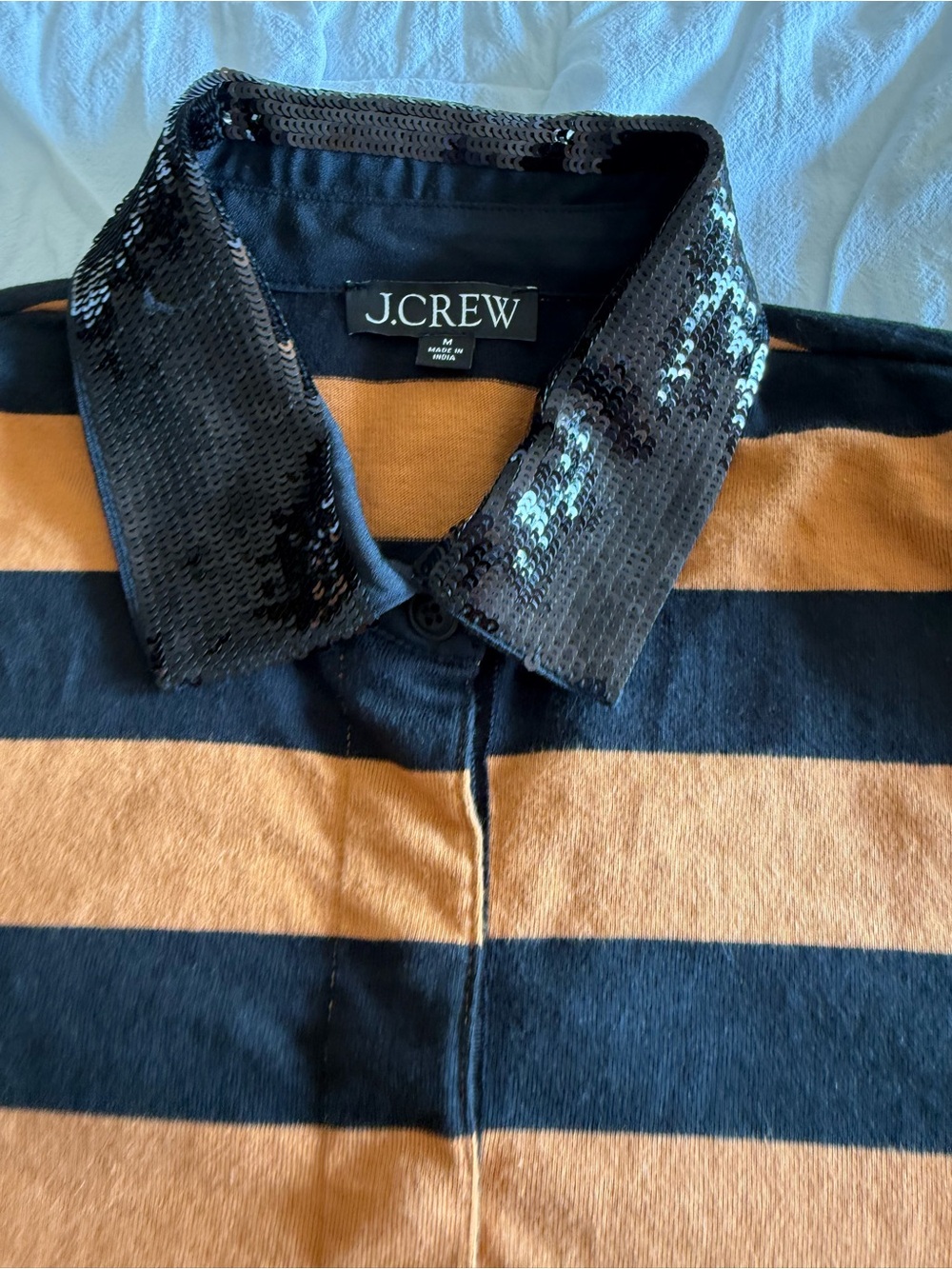 J. Crew Women’s Black and Orange Striped Rugby Polo with Sequin Collar Size M - Picture 4 of 10